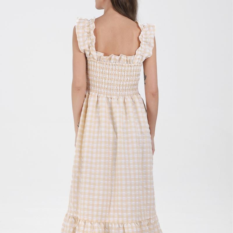 Chouyatou Women's Retro Plaid Smocked Dress Spaghetti Strap Flounce Long Dress