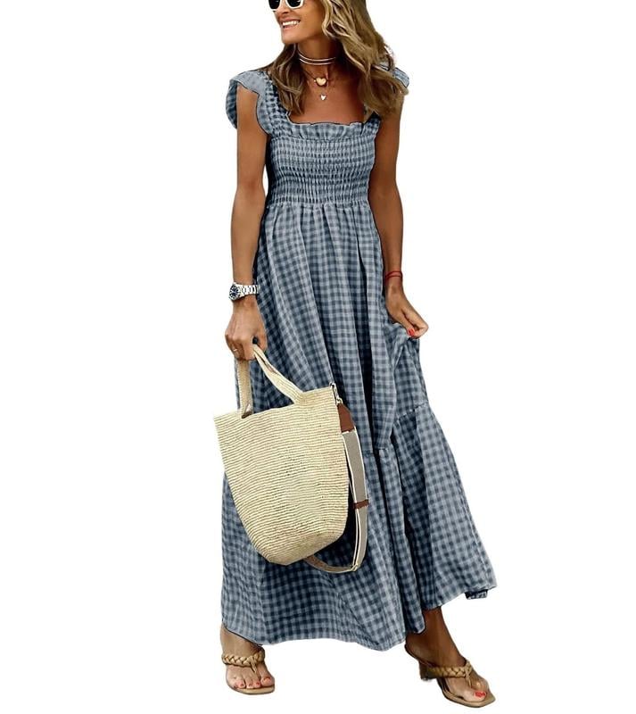 Chouyatou Women's Retro Plaid Smocked Dress Spaghetti Strap Flounce Long Dress