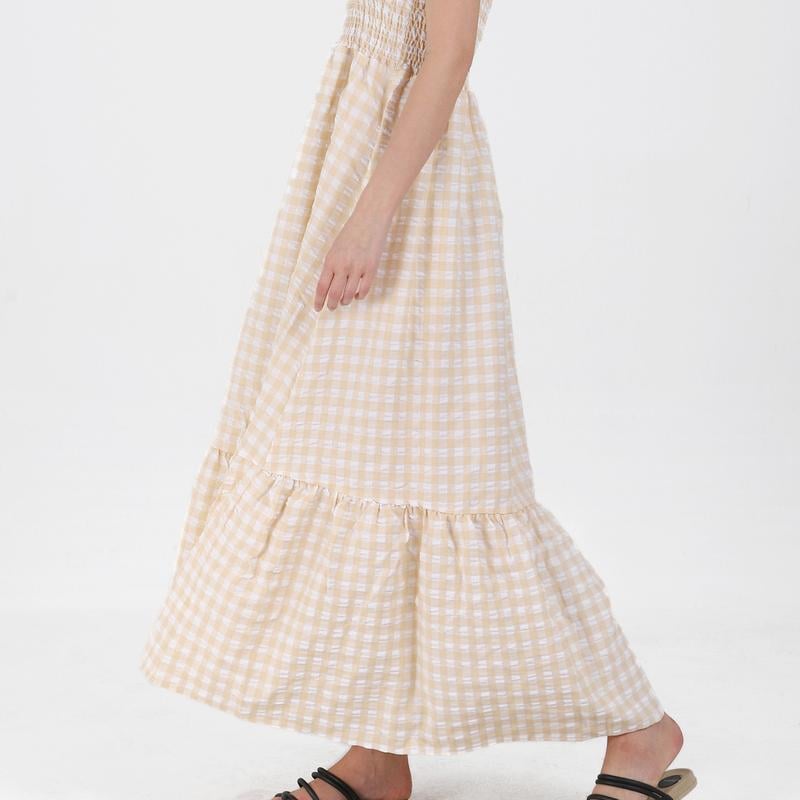 Chouyatou Women's Retro Plaid Smocked Dress Spaghetti Strap Flounce Long Dress