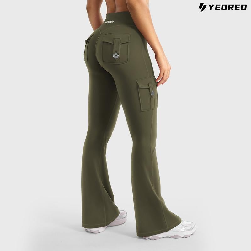 🔥Hot Sale Promotion 49% OFF🎁2025 Women Workout Flare Leggings with Pockets Hidden Scrunch High Waisted Cargo Gym Yoga No Front Seam Leggings