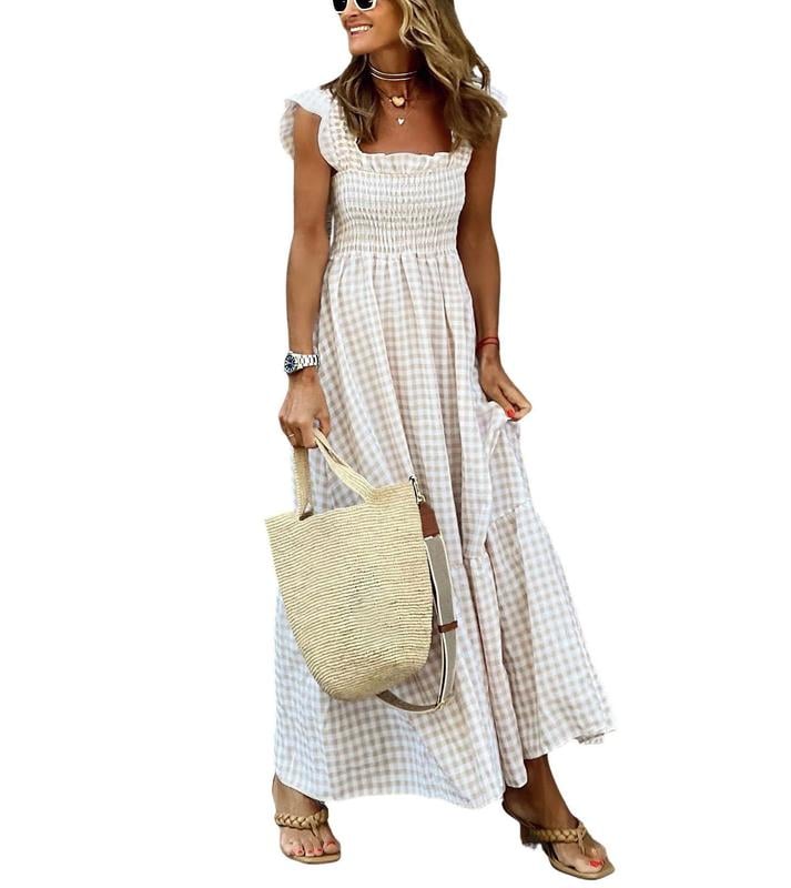 Chouyatou Women's Retro Plaid Smocked Dress Spaghetti Strap Flounce Long Dress