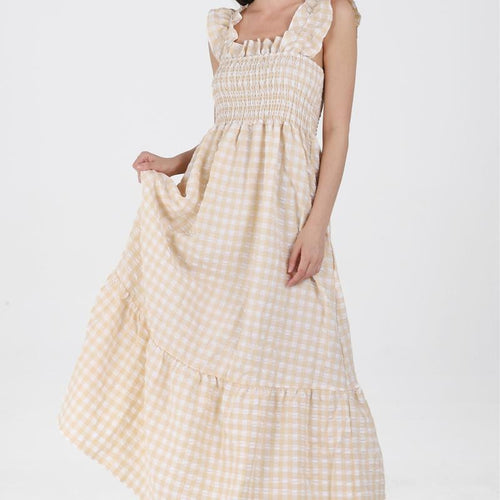 Chouyatou Women's Retro Plaid Smocked Dress Spaghetti Strap Flounce Long Dress