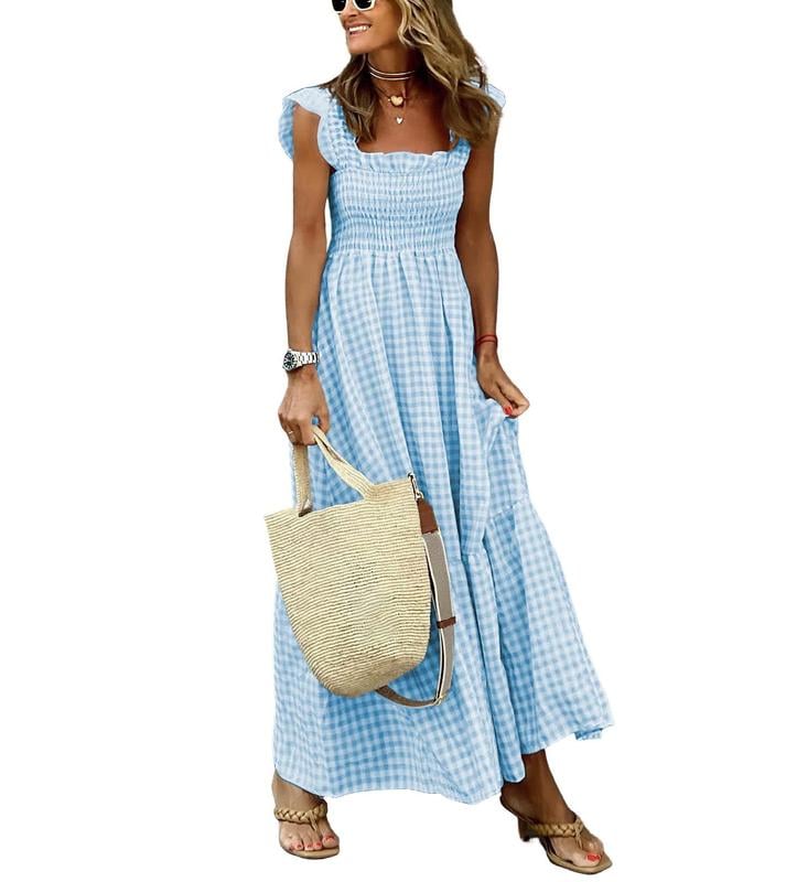 Chouyatou Women's Retro Plaid Smocked Dress Spaghetti Strap Flounce Long Dress